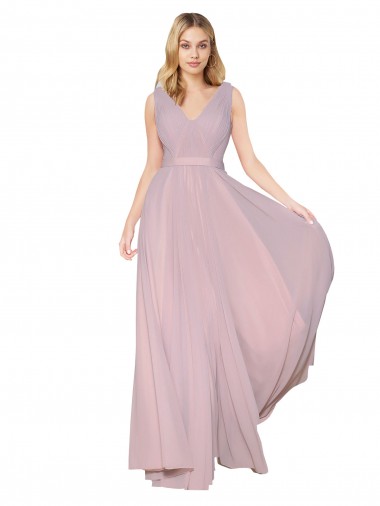 Draped V-Neck Long Chiffon Prom Dress with Shirred Bodice UK Website