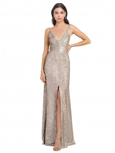 V-Neck Fully Sequin Prom Dress with V-Back and Front Slit UK Website