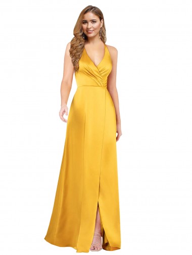 Halter A-Line Silky Satin Prom Dress with V-Neckline and Slit UK Website