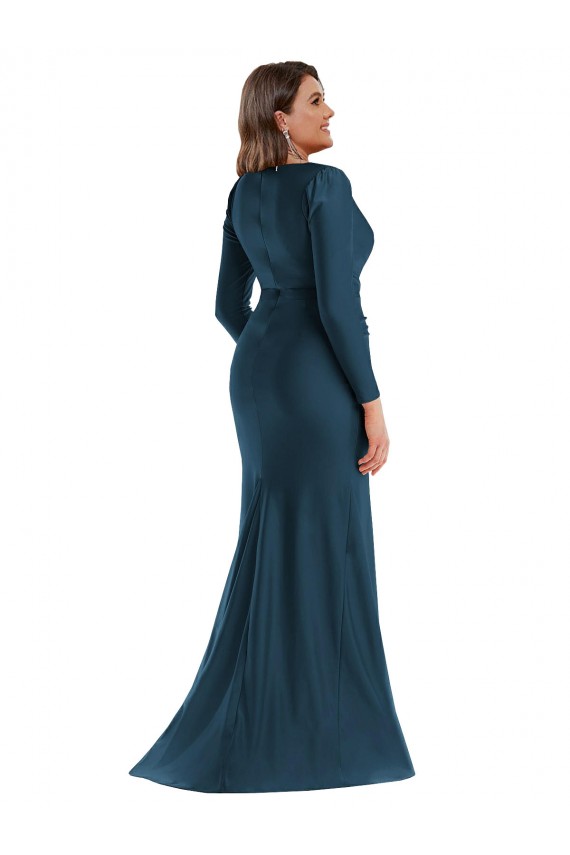 Long Sleeves Draped Wrap Silky Satin Mermaid Prom Dress with Front Slit UK Website