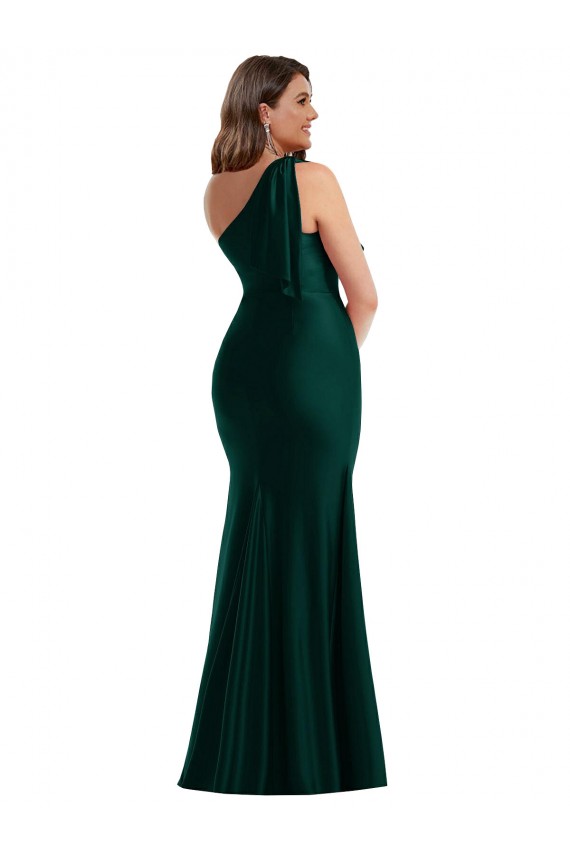 Cascading Bow One Shoulder Silky Satin Mermaid Prom Dress with Front Slit UK Website