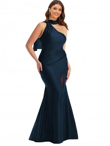 Scarf Neck One Shoulder Silky Satin Mermaid Prom Dress with Front Slit UK Website