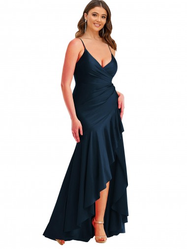 Pleated Wrap Ruffled High Low Silky Satin Prom Dress UK Website