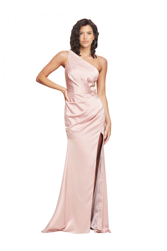 Full Length Ruched Silky Satin Prom Dress with Low Back and High Split UK Website