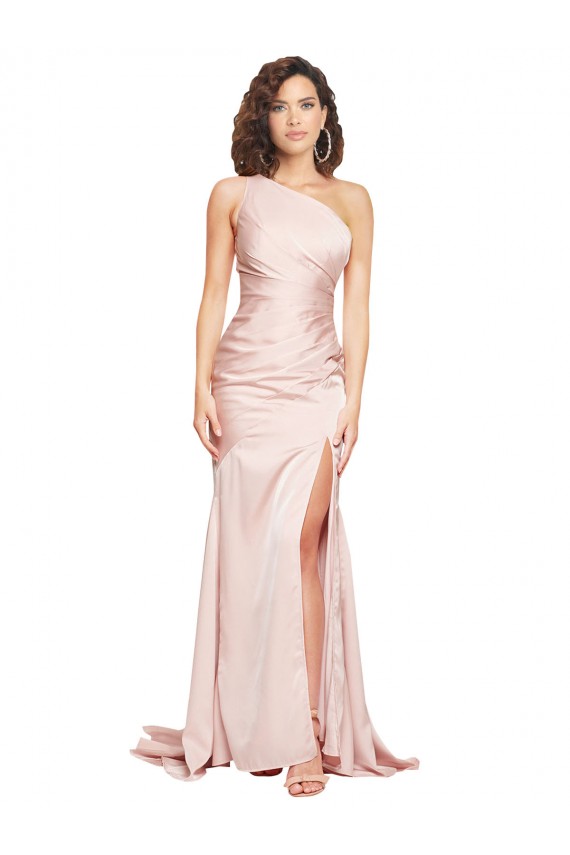 Full Length One Shoulder Long Silky Satin Prom Dress with High Split UK Website