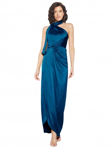 High Halter Neck Silky Satin Prom Dress with Sash Overlay and Side Split UK Website