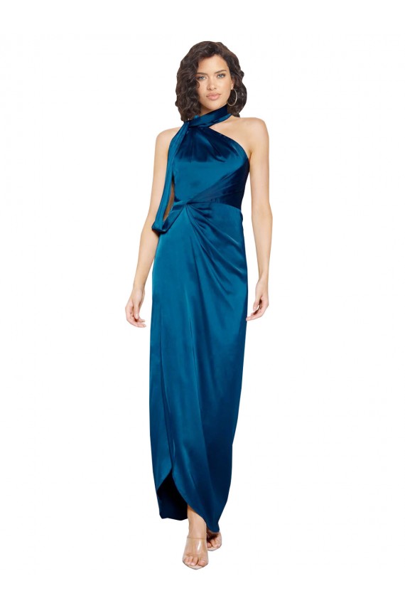 High Halter Neck Silky Satin Prom Dress with Sash Overlay and Side Split UK Website