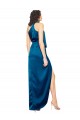 High Halter Neck Silky Satin Prom Dress with Sash Overlay and Side Split UK Website