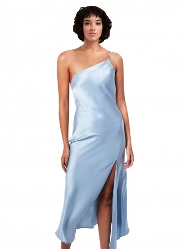 Midi Length Short Silky Satin Cocktail Prom Dress / Homecoming Dress with Asymmetric Neckline and High Side Split UK Website