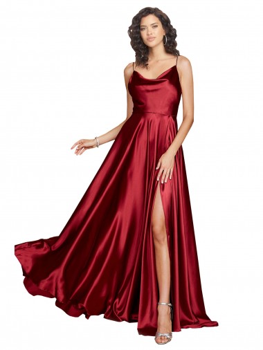 Cowl Neckline Long Silky Satin Prom Dress with Spaghetti Straps UK Website