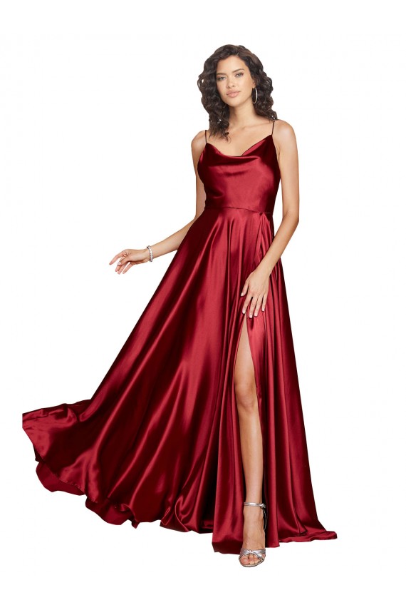 Cowl Neckline Long Silky Satin Prom Dress with Spaghetti Straps UK Website