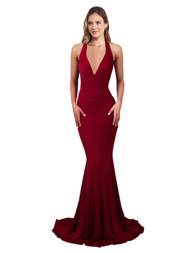 Halter Mermaid Plunge V-Neckline Open Back Bow Tie Spandex Prom Dress UK Website