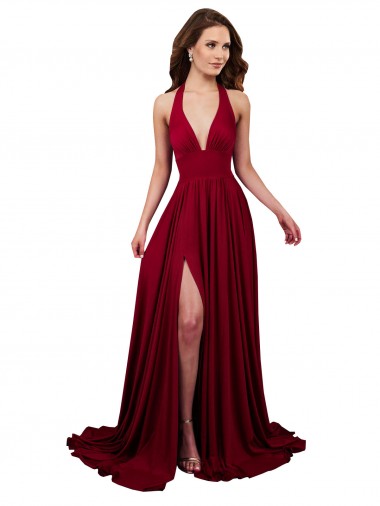 A-Line Halter Plunge V-Neckline Open Back Spandex Prom Dress with Slit UK Website