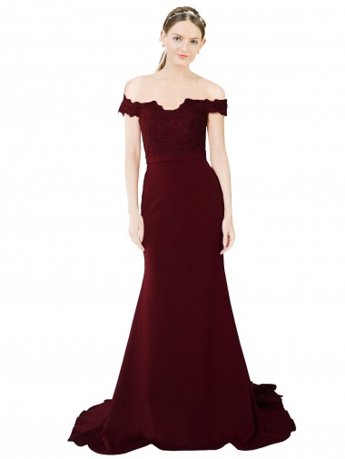 Full Length Off the Shoulder Formal Crepe Prom Dress with Lace On Bodice and Back UK Website