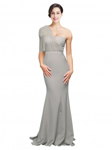 Long Sweep Train Sweetheart Crepe Prom Dress with Tulle One Shoulder UK Website