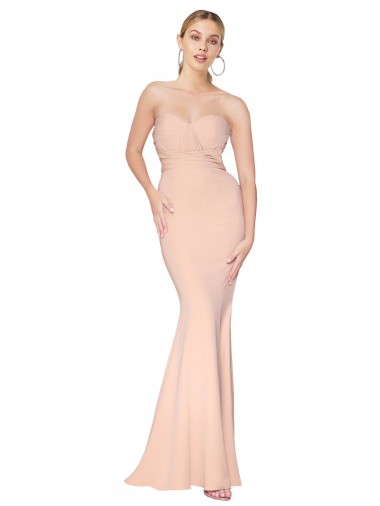 Sweetheart Shirred Neck Long Floor Length Crepe Prom Dress UK Website