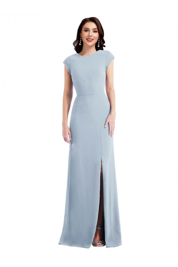 Cap Sleeve Open Back Trumpet Crepe Prom Dress with Front Slit UK Website