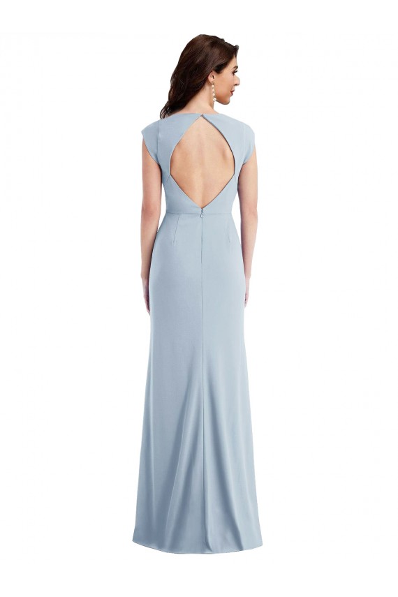 Cap Sleeve Open Back Trumpet Crepe Prom Dress with Front Slit UK Website