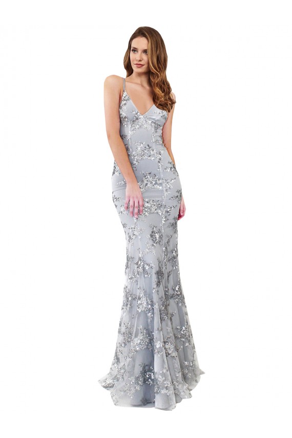 Silver V-Neckline Backless Floral Patterned Sequin Prom Dress UK Website