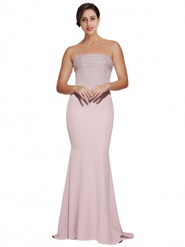 Straight Neck Long Strapless Crepe Prom Dress with Soft Tulle Overlay and Small Train UK Website