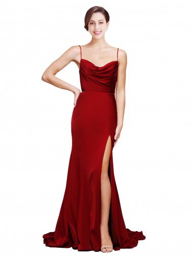 Cowl Front Neck Sweep Train Stretch Satin Prom Dress with High Side Split UK Website