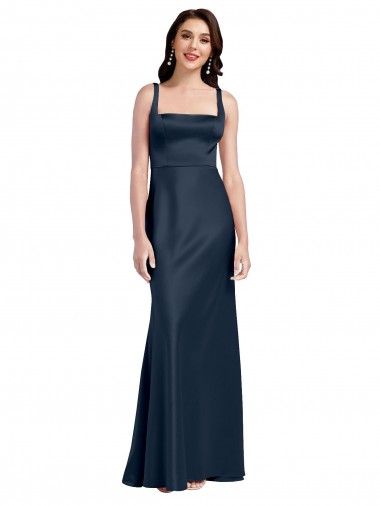 Square Neck A-Line Long Stretch Satin Prom Dress with Wide Straps UK Website