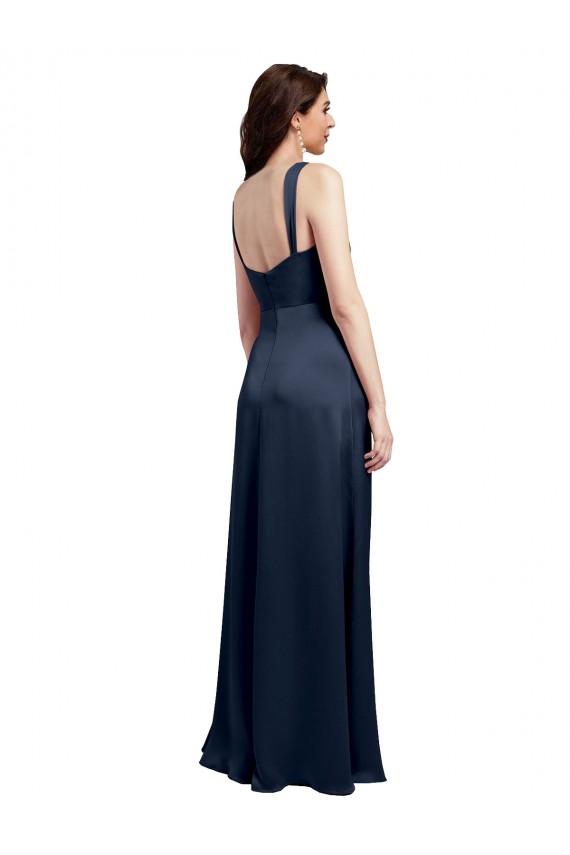 Cowl Neck Soft Long Stretch Satin Prom Dress with Side Slit and Pleated Straps UK Website