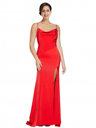 Low Back Cowl Neck Stretch Satin Prom Dress with High Side Slit UK Website