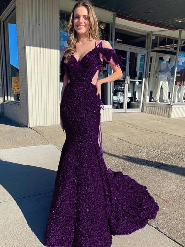 Cold Shoulder Sleeveless Long Court Train Velvet Sequin Prom Dress UK Website