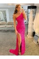 One Shoulder Sleeveless Long Velvet Sequin Prom Dress with High Slit UK Website