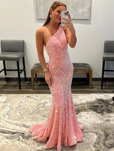 Open Back One Shoulder Sleeveless Long Sweep Train Velvet Sequin Prom Dress UK Website