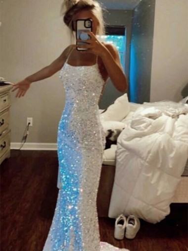 Long Spaghetti Straps Sleeveless Sweep Train Velvet Sequin Prom Dress UK Website