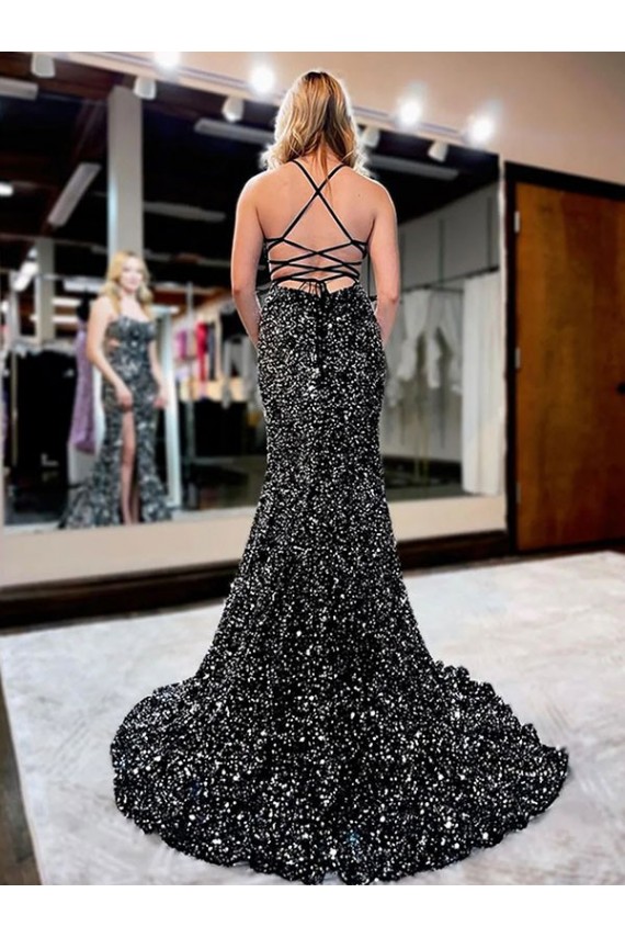 Spaghetti Straps Sleeveless Long Sweep Train Velvet Sequin Prom Dress UK Website