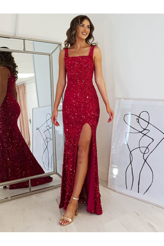 Square Neck Sleeveless Long Velvet Sequin Prom Dress with Slit UK Website