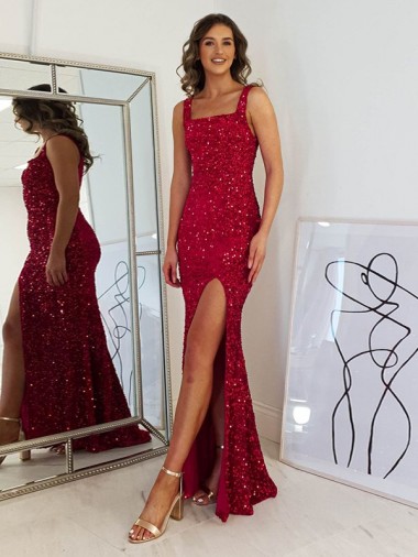 Square Neck Sleeveless Long Velvet Sequin Prom Dress with Slit UK Website