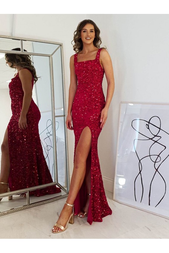 Square Neck Sleeveless Long Velvet Sequin Prom Dress with Slit UK Website