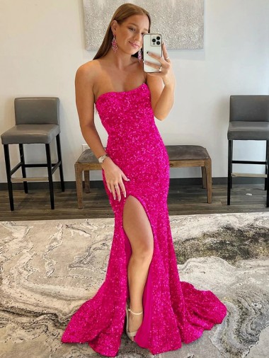 Strapless Sleeveless Long Sweep Train Velvet Sequin Prom Dress with Side Slit UK Website