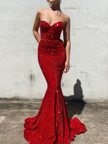 Mermaid Sweetheart Sleeveless Long Court Train Velvet Sequin Prom Dress UK Website