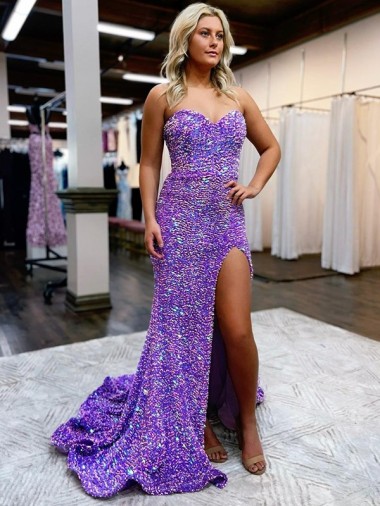 A-Line Sweetheart Sleeveless Long Velvet Sequin Prom Dress with Slit UK Website