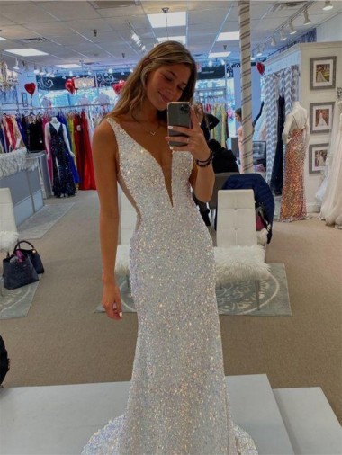 V-Neck Sleeveless Long Velvet Sequin Prom Dress with Sweep Train UK Website