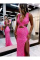 Long V-Neck Sleeveless Sweep Train Velvet Sequin Prom Dress with High Slit UK Website