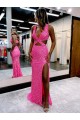 Long V-Neck Sleeveless Sweep Train Velvet Sequin Prom Dress with High Slit UK Website