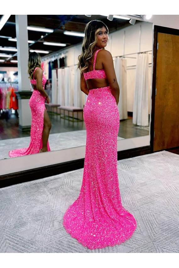 Long V-Neck Sleeveless Sweep Train Velvet Sequin Prom Dress with High Slit UK Website