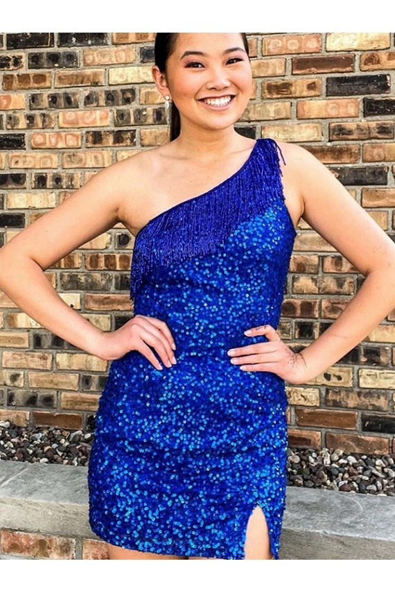 One Shoulder Sleeveless Short Velvet Sequin Royal Blue Prom Dress UK Website