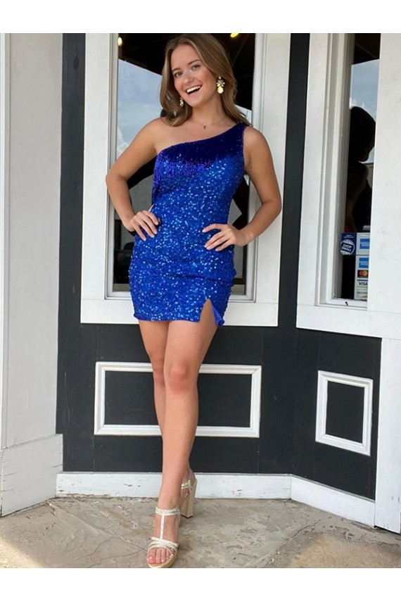 One Shoulder Sleeveless Short Velvet Sequin Royal Blue Prom Dress UK Website