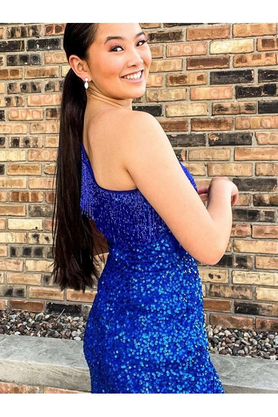 One Shoulder Sleeveless Short Velvet Sequin Royal Blue Prom Dress UK Website