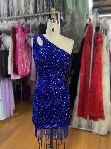 One Shoulder Keyhole Sleeveless Short Velvet Sequin Prom Dress UK Website