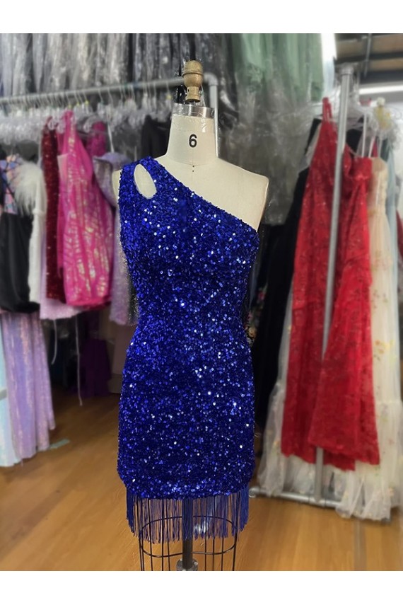 One Shoulder Keyhole Sleeveless Short Velvet Sequin Prom Dress UK Website