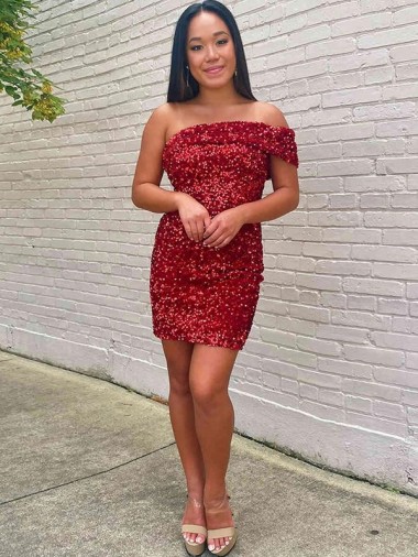 Short One Shoulder Sleeveless Velvet Sequin Cocktail Prom Dress UK Website