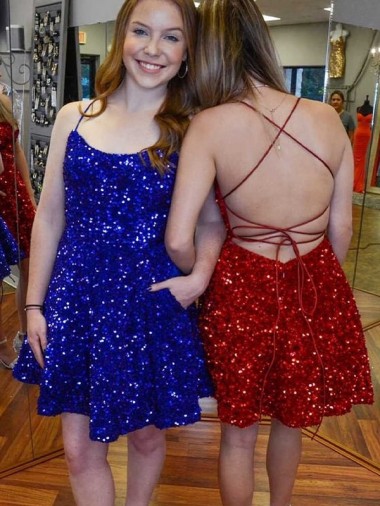 A-Line Spaghetti Straps Sleeveless Short Velvet Sequin Prom Dress UK Website